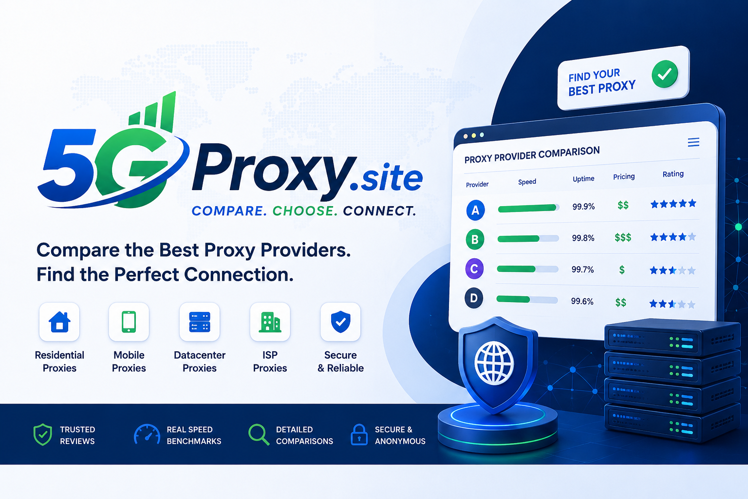 Professional 5GProxy.site logo for proxy comparison platform featuring modern 5G network icon, proxy provider rankings, residential proxies, mobile proxies, datacenter proxies, web scraping solutions, and secure internet connectivity.